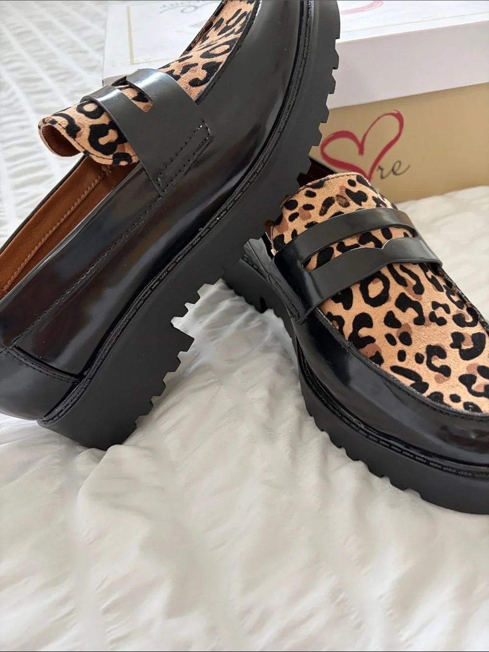 Mia Amore Black Patent Vegan Loafers with Leopard Print and Lug Style Sole. NEW!